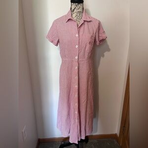 J.G. Hook Seersucker Shirt Dress Red White Stripe Nautical Anchor Petite 6P VTG
